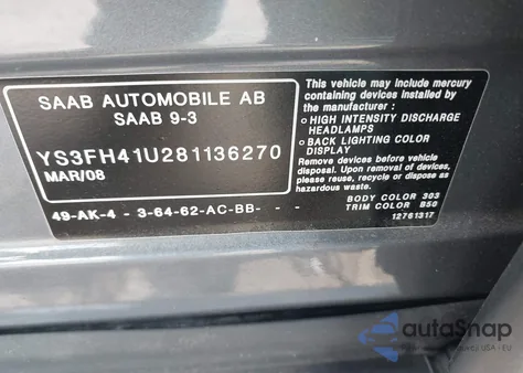 2008 Saab 9-3 Aero z USA, uszkodzony, nr VIN YS3FH41U281136270